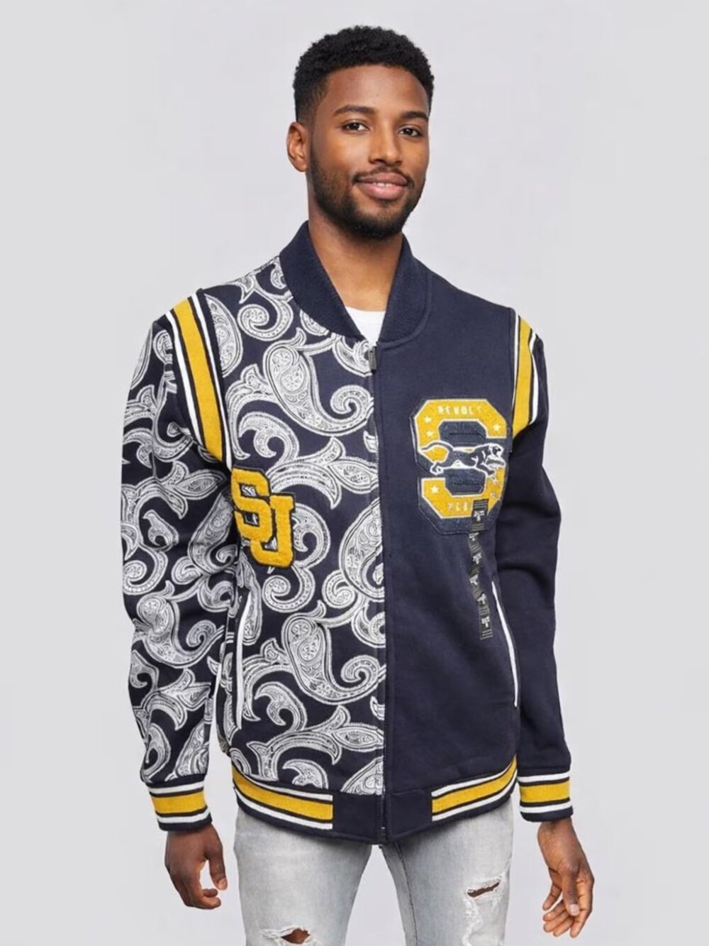 Revolt Navy Blue Varsity Bomber Jacket | Casual Jacket | Men's Size SMALL